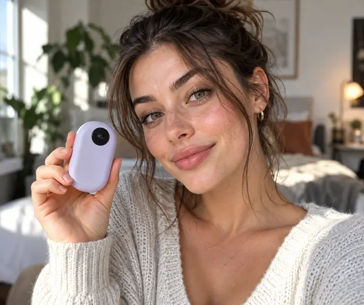Nahporträt einer Beauty-Creatorin mit ausdrucksstarken Augen und sanftem Tageslicht