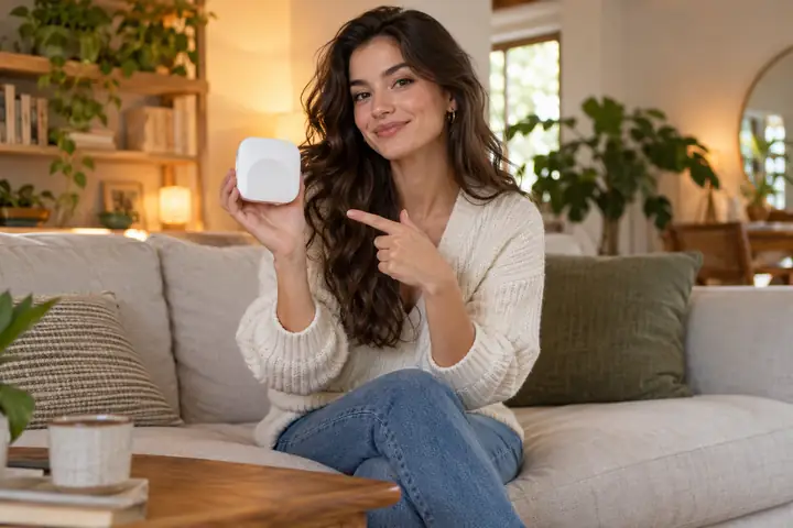 Frau sitzt auf einem Sofa und präsentiert ein Produkt in einem entspannten Wohnzimmer