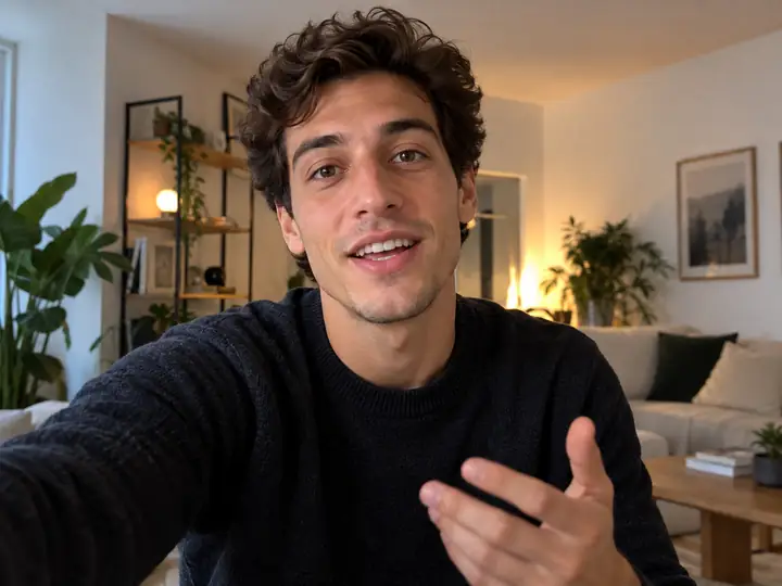 Junger Mann spricht in einer häuslichen Umgebung direkt in die Smartphone-Kamera