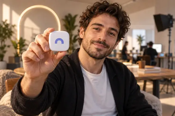 Männlicher Creator hält ein kleines Produkt in Richtung Kamera