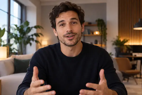 Selbstbewusster männlicher KI-Schauspieler, der in einem modernen Raum direkt in die Kamera spricht
