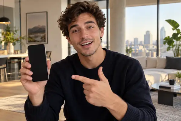 Junger Mann präsentiert eine mobile App in einem hellen, modernen Apartment
