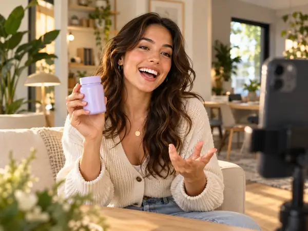 Energiegeladene Frau hält ein Wellness-Produkt in der Hand und spricht in die Handykamera