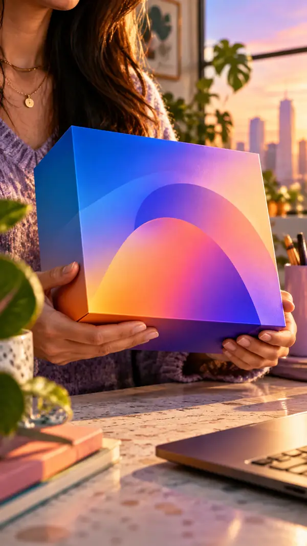 Creator präsentiert ein farbenfrohes Beauty-Produkt in einer vertikalen Nahaufnahme