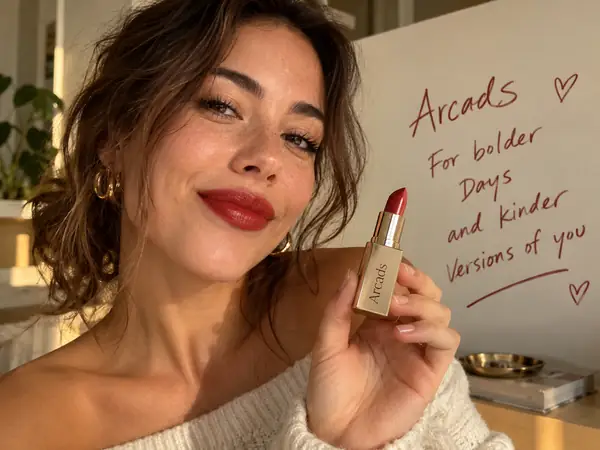 Beauty-Creatorin hält roten Lippenstift vor einer handgeschriebenen Markenbotschaft