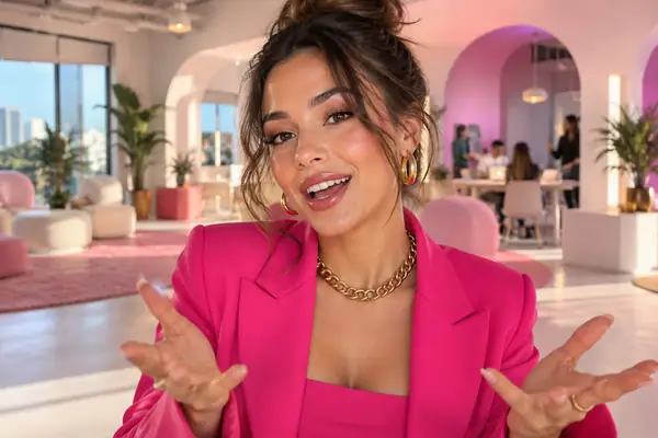 Beauty-Creatorin spricht in einem leuchtend pinken Outfit mit auffälligem Schmuck