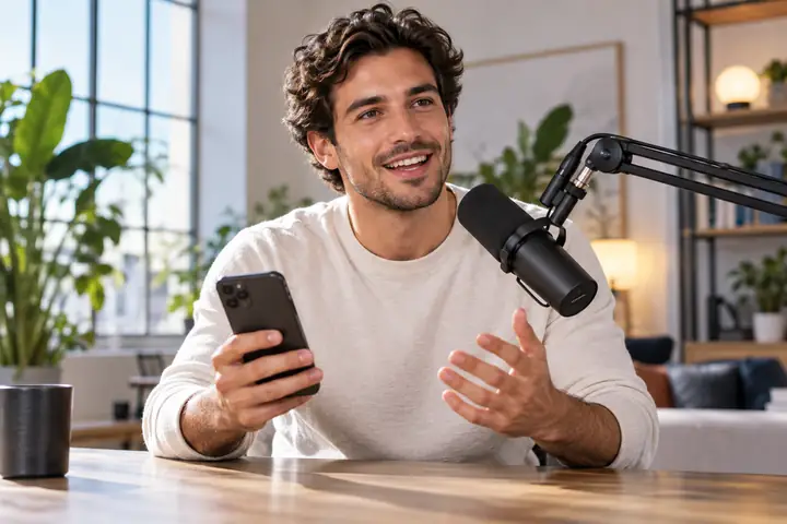 Unternehmer hält ein Smartphone in der Hand und spricht in einem hellen Studio in ein Podcast-Mikrofon