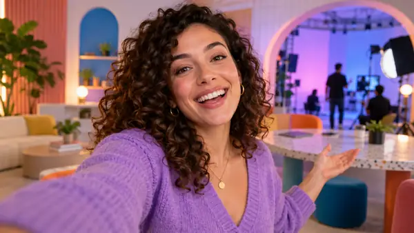 Lächelnde Frau mit lockigem Haar in einem farbenfrohen Creator-Video