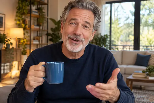 Älterer Mann hält eine blaue Tasse in einem gemütlichen Zuhause und spricht in die Kamera