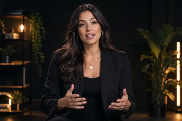 Professionelle Frau spricht in einem dunklen Studio-Set für ein lehrreiches Kurzvideo